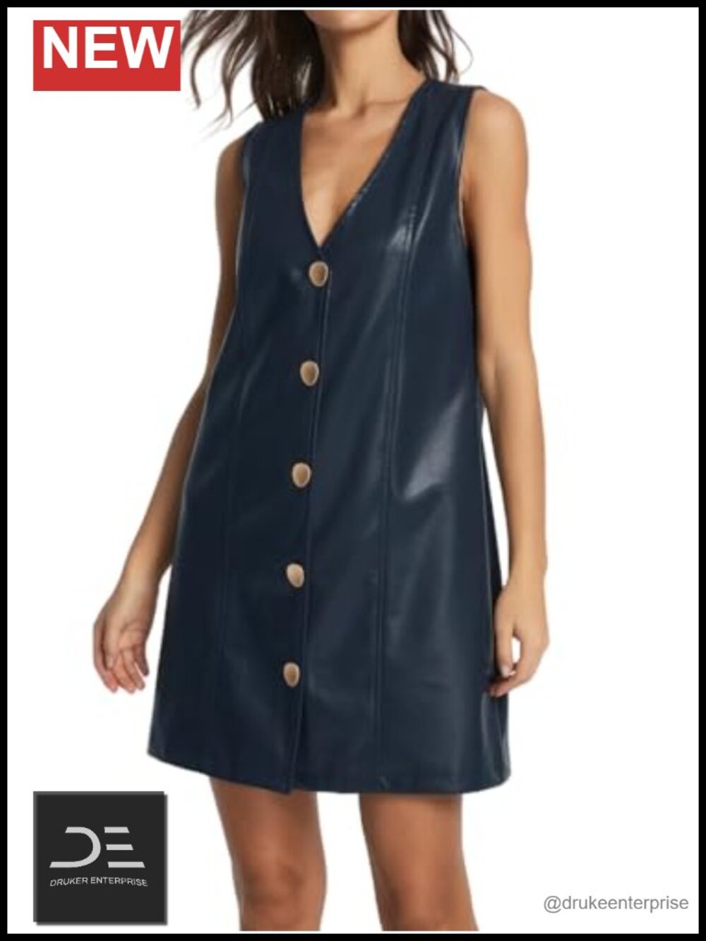 Faux Leather Mini Dress Sleeveless V Neck Button Down Pinafore